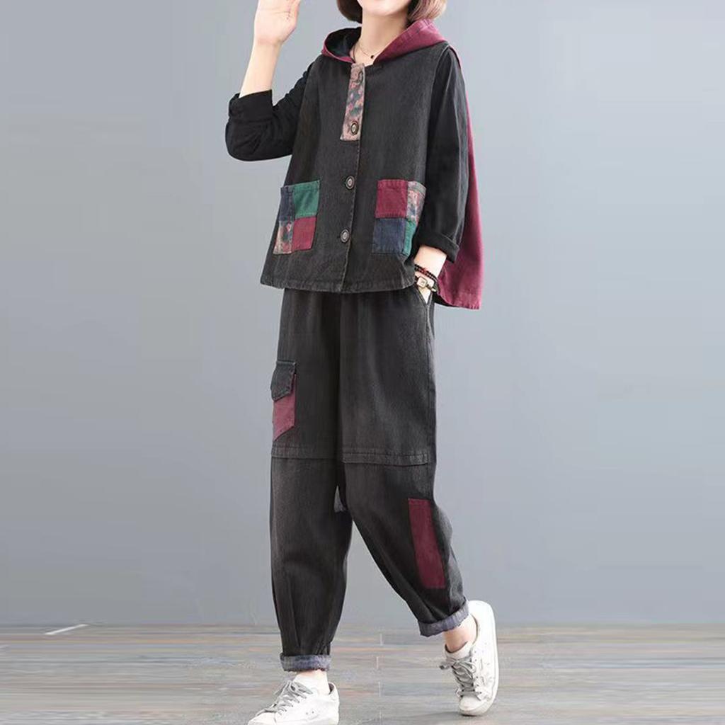 Large Size Flesh Blocking Retro Distressed Hooded Print Patchwork Denim Vest For Women