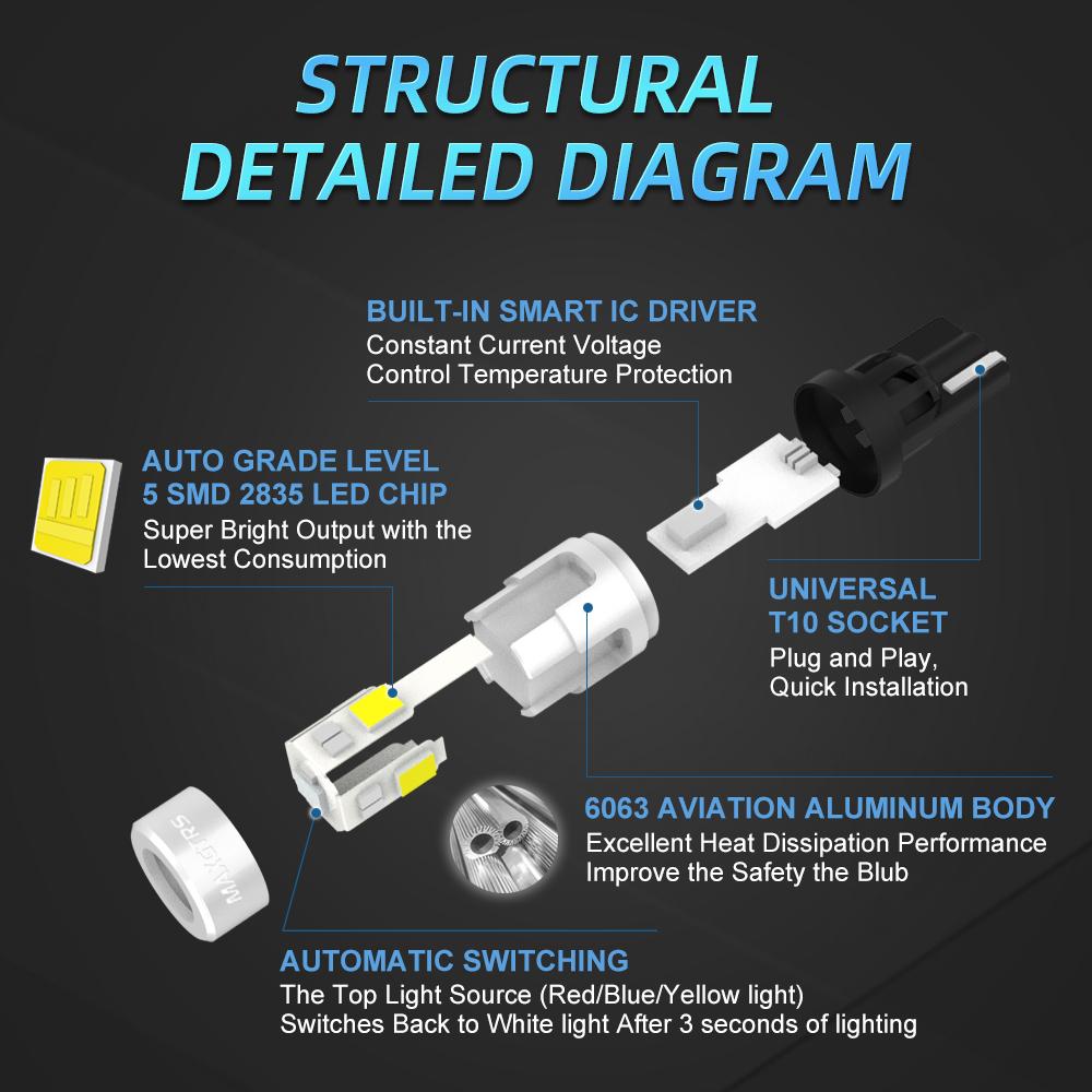 MAXGTRS 2x Two Color Switch T10 LED W5W Car Side Interior lights 12V Bulb 2835 Chips 194 168 White 6000K Parking Dome Lamps