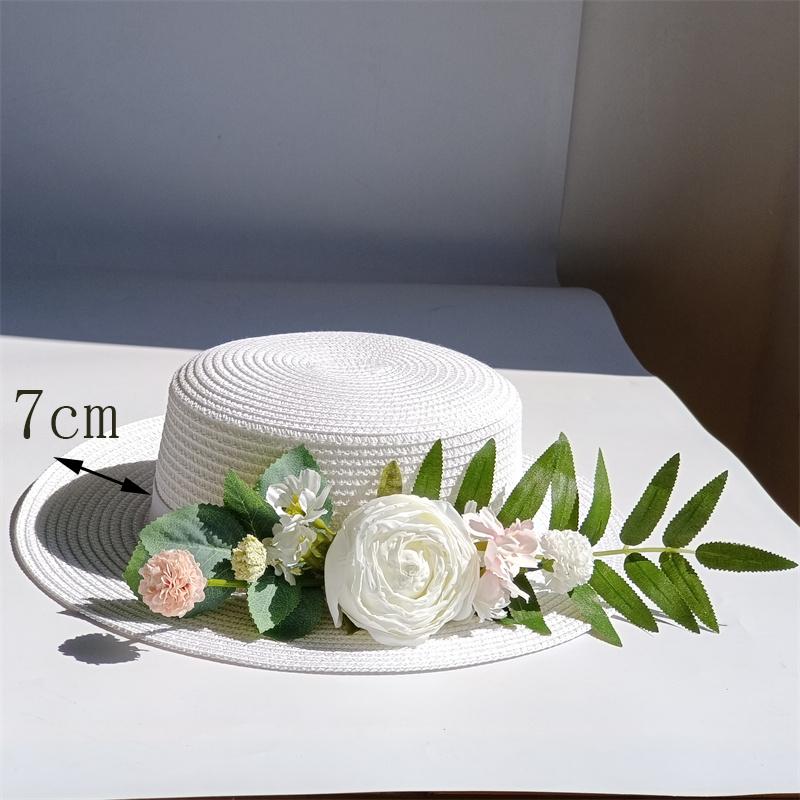 

12cm Straw Hat White Simulation Flower Straw hat Removable Flat Top Female Stage Winter Strap Women s Wedding Hat 56-58cm