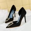 European American Style Banquet High Heels Thin Heels Shallow Mouth Pointed Toe Metal Buckle Side Hollow High Heels Single Shoes