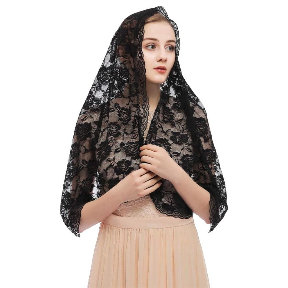 Breathable Wedding Lace Shawl Lace Trim Mantilla Headwear Scarf Veil Prayer Shawl for Woman