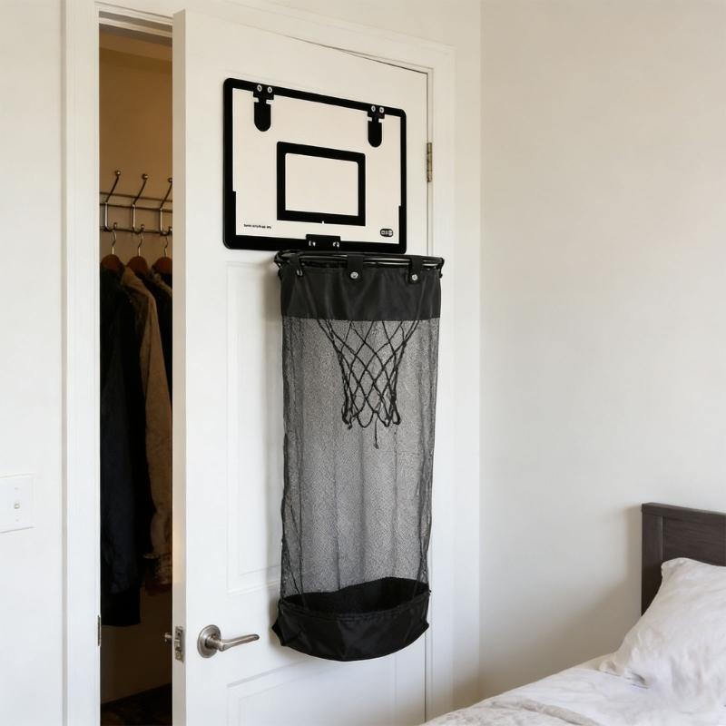 Pevný dřevěný koš na prádlo ve tvaru basketbalového míče, voděodolný a robustní, ideální pro použití v koupelně nebo dětském pokoji