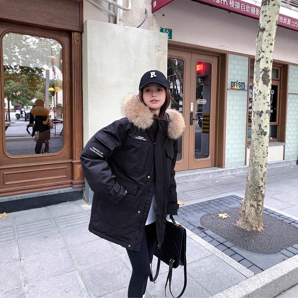 Qianxi couple down jacket men's and women's medium and long outdoor thickened Northeast can wear large fur collar tooling jacket