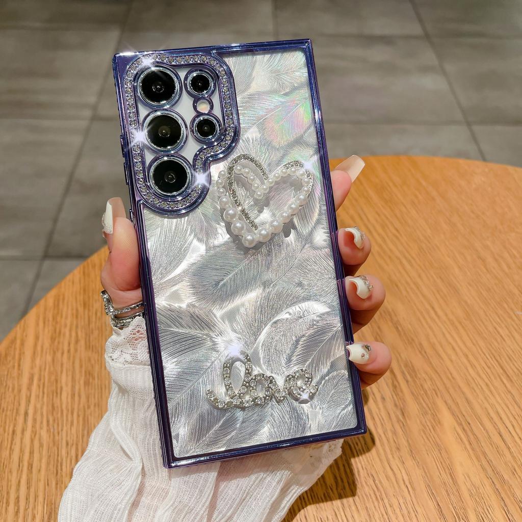 Suitable for Samsung S24 Ultra Mobile Phone Case Luxury Rhinestone S23 Laser Feather A73 Diamond Inlay Love A24 Soft Case