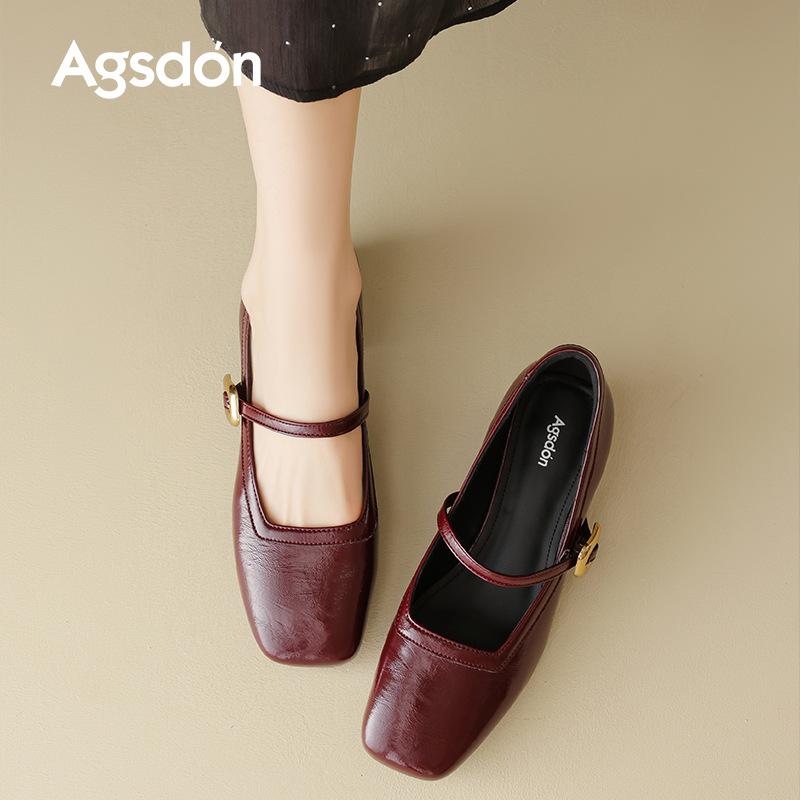 Augustine Red Mary Jane Single Shoes Women's 2025 New Autumn French Square Head Shallow Mouth Late Evening Wind Small Leather Shoes