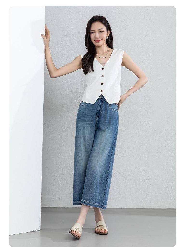 Xin Ge Women's High Waist Wide Leg Cropped Jeans - Summer Plus Size Retro Washed Loose Fit Pants