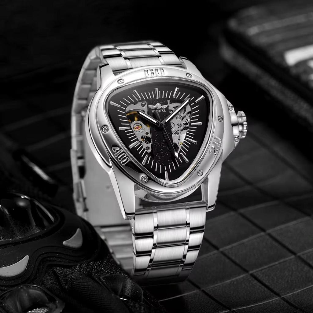 WINNER Herren Automatikuhren für Herren Luxus Hohl Dreieck Herren Mechanische Armbanduhren Skelett Wasserdicht Reloj Hombre