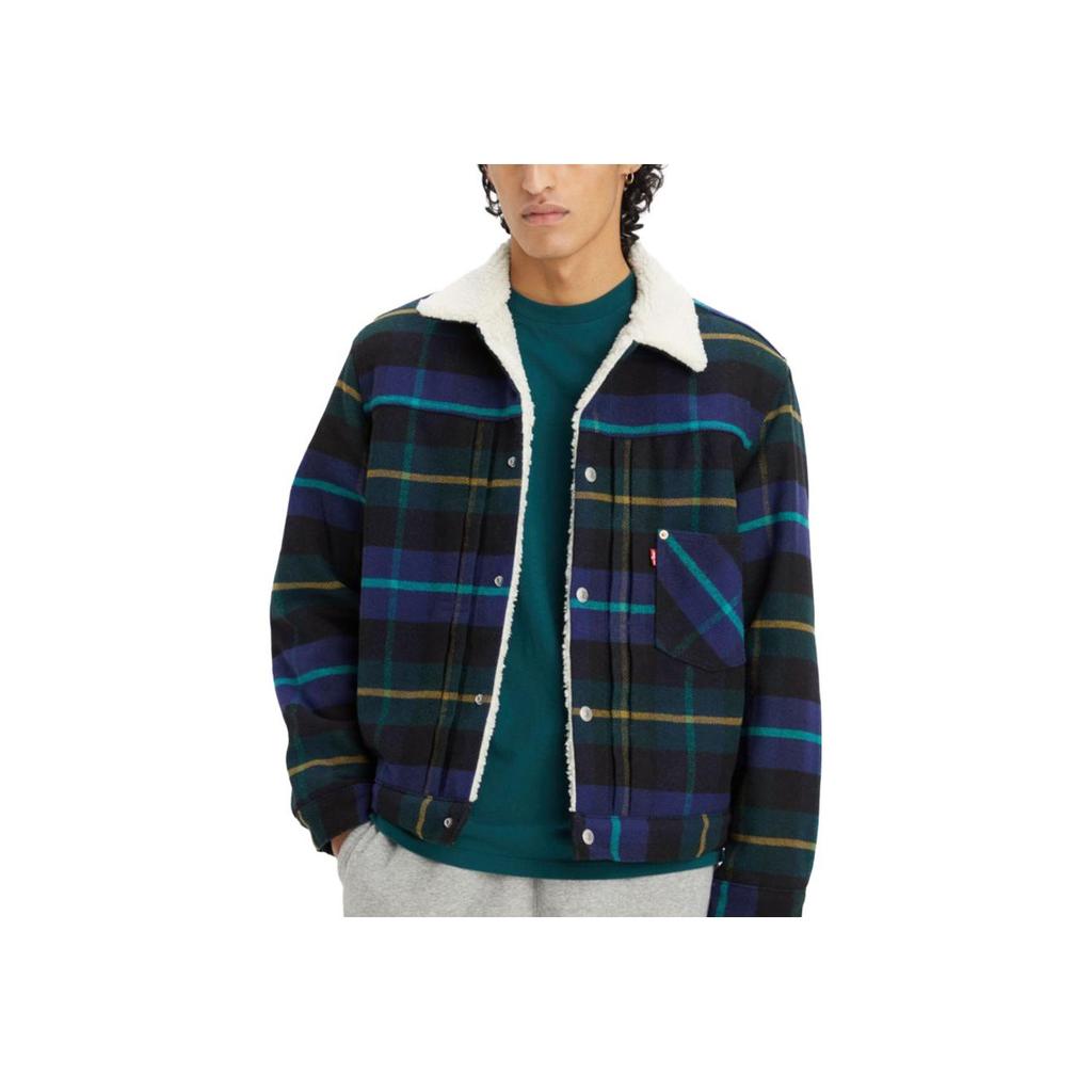 Levis Plaid British Style Faux Shearling Jacket Men Jackets Blue A4882-0005
