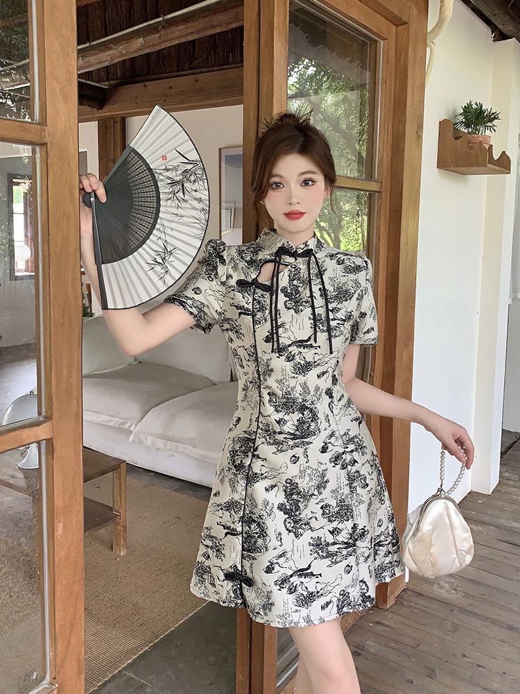 Summer women's clothing temperament national style retro cheongsam collar new dress fat mm waist cover belly and thin skirt
