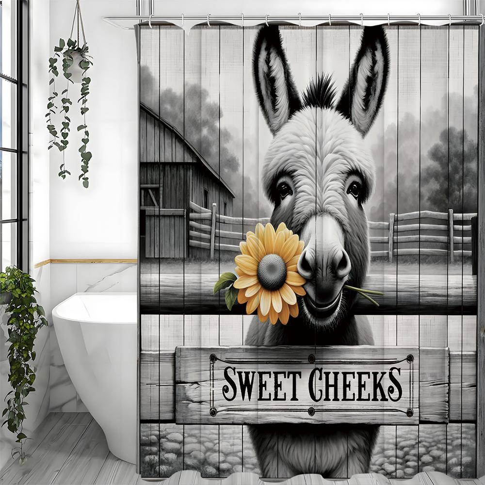 Farm Donkey Yellow Flower Shower Curtain, Bathroom Decorative Shower Curtain, Waterproof Shower Curtain with Hooks
