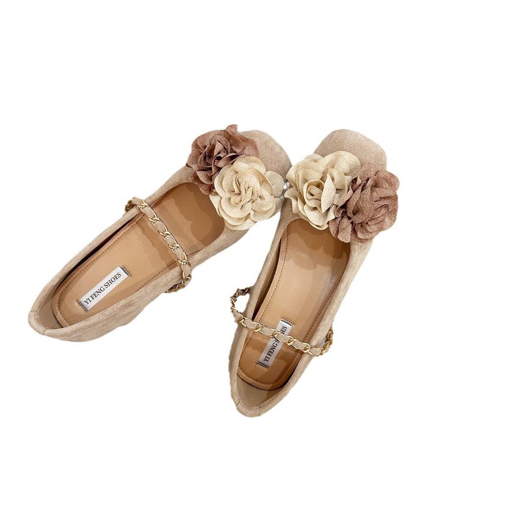 Evening wind elegant camellia thick heel plus inner increase 7cm ballet shoes new Chinese chain knock gentle retro high heels