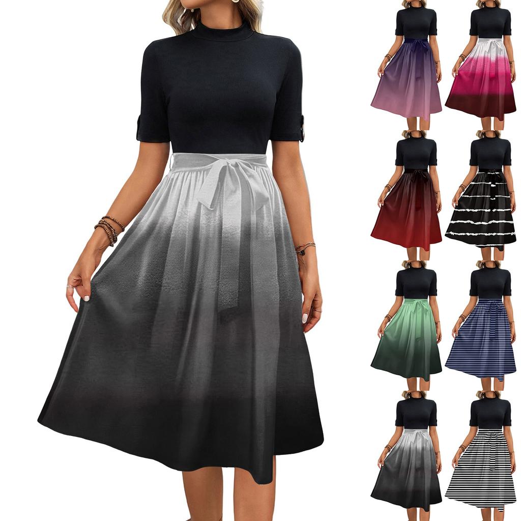Women's Fashion Casual Belt Short Sleeve Round Neck Elegant Temperament Dress