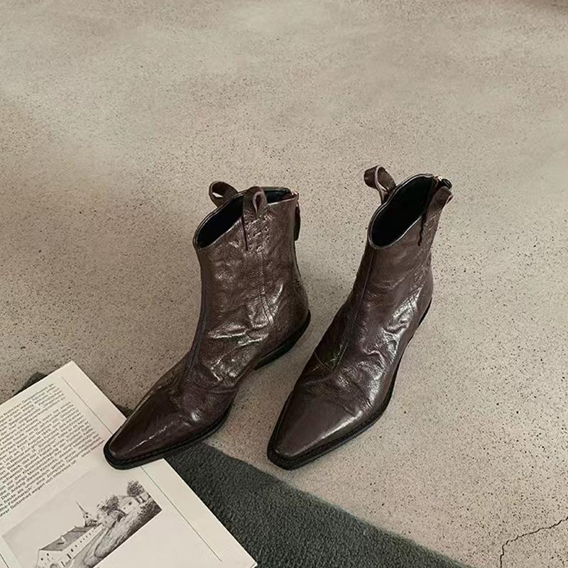 

Дизайнерские ботильоны из плиссированной кожи на резинке Женские ботильоны челси на толстом каблуке Застежка-молния сзади Острый носок Зимние ботильоны Женские Короткие ботильоны 35