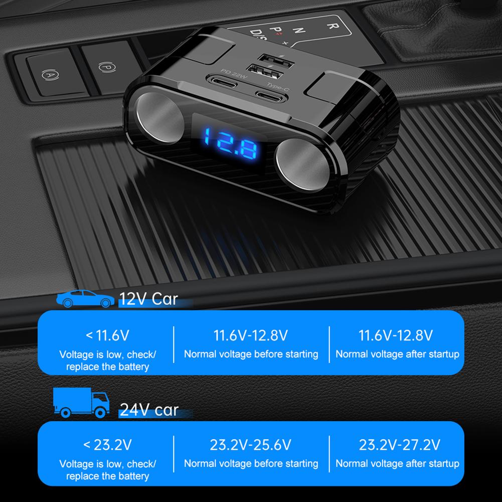 QC3.0 USB-Autoladegerät 2 Typ-C + 2 USB Blaue LED-Digitalanzeige 22 W DC 12 V-24 V Dual-USB-Netzteil Auto-Zigarettenanzünderbuchse
