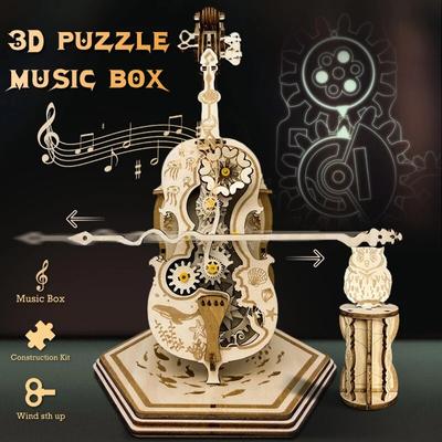 3D Holzpuzzle Magisches Cello Mechanische Spieluhr Beweglicher Stiel Lustiges Kreativspielzeug für Kinder Mädchen Bausteinset Erwachsene