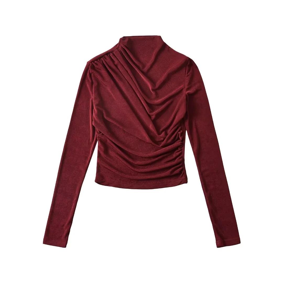 Women s Long Sleeve Turtle Neck Ruffle Detail Blouse Irregular Hem Multi Colors XS бордовый