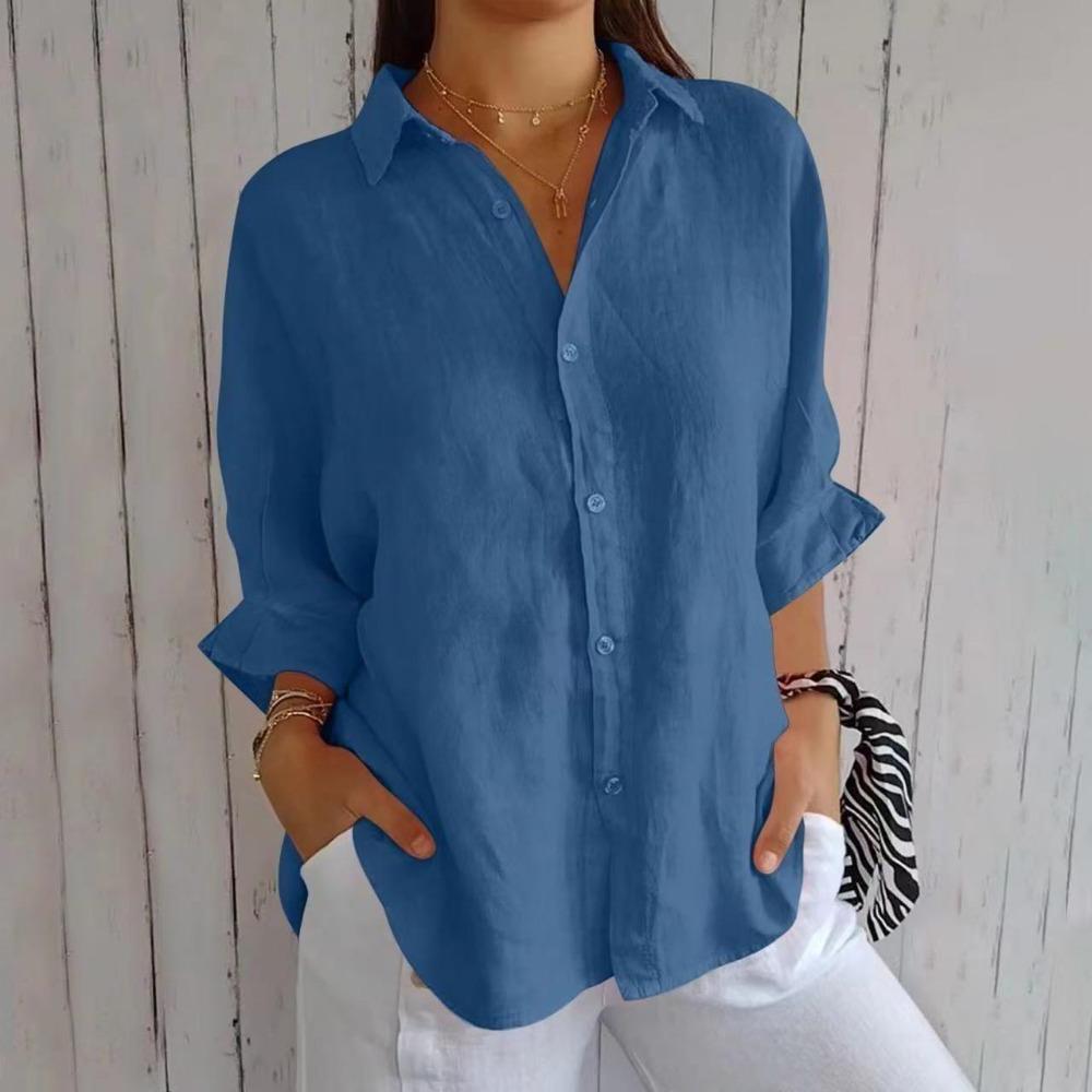 Blusa casual a maniche 3/4 con collo polo in bianco unito per primavera/autunno