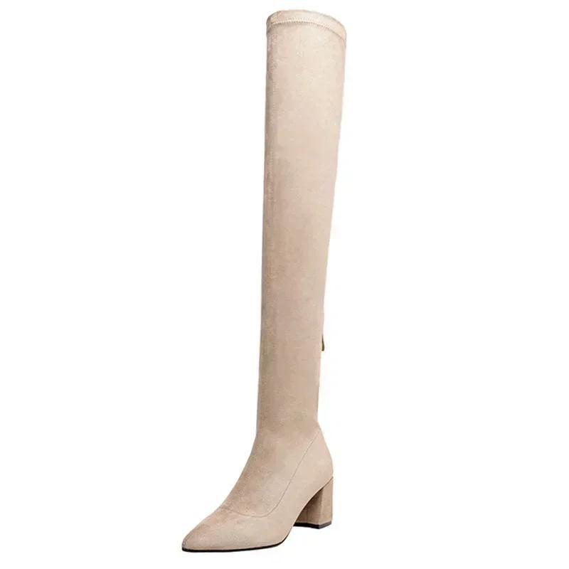 Fashion Over The Knee High Boots Women Pointed Toe High Heels Chelsea Snow Boots 2024 Trend Winter Suede Sexy Chunky Pumps Zapatos Mujer
