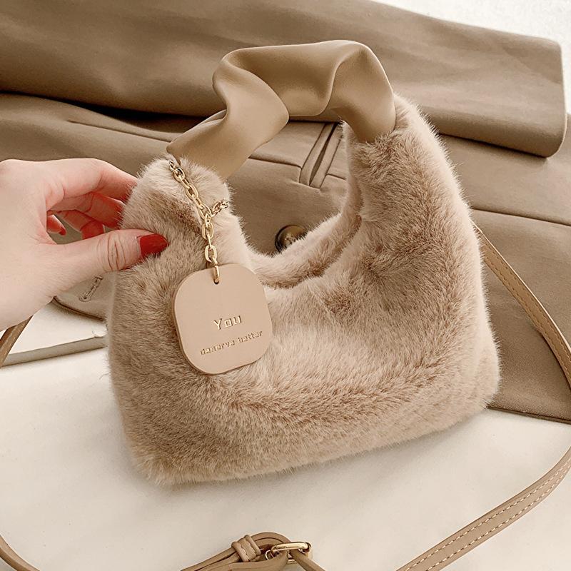 Women Faux Fur Plush Handbags Ruched Handle Small Lady Shoulder Crossbody Bag Casual Half-Mo Hobos Winter Bags for Women