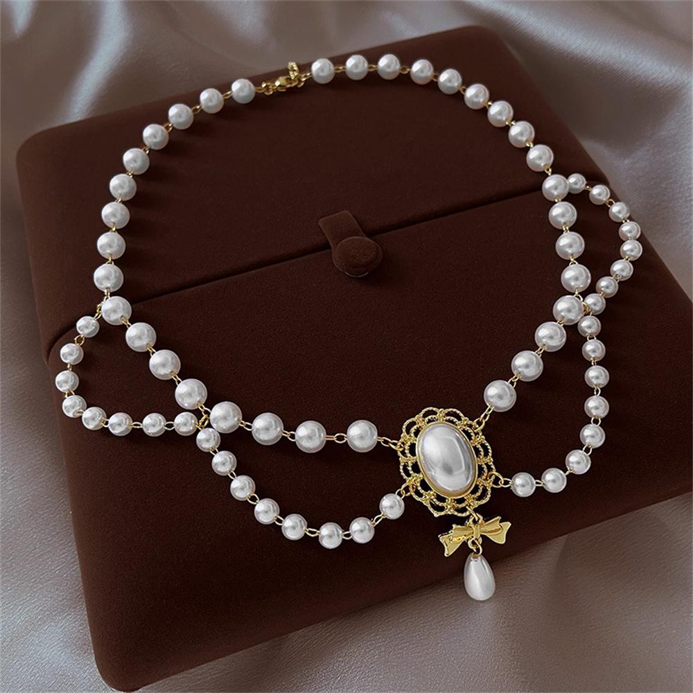 Multi-layered Necklace Pearl Vintage Necklace Pearl Choker Necklace Bowknot Pendant For Wedding Formal Occasions Bridal белый
