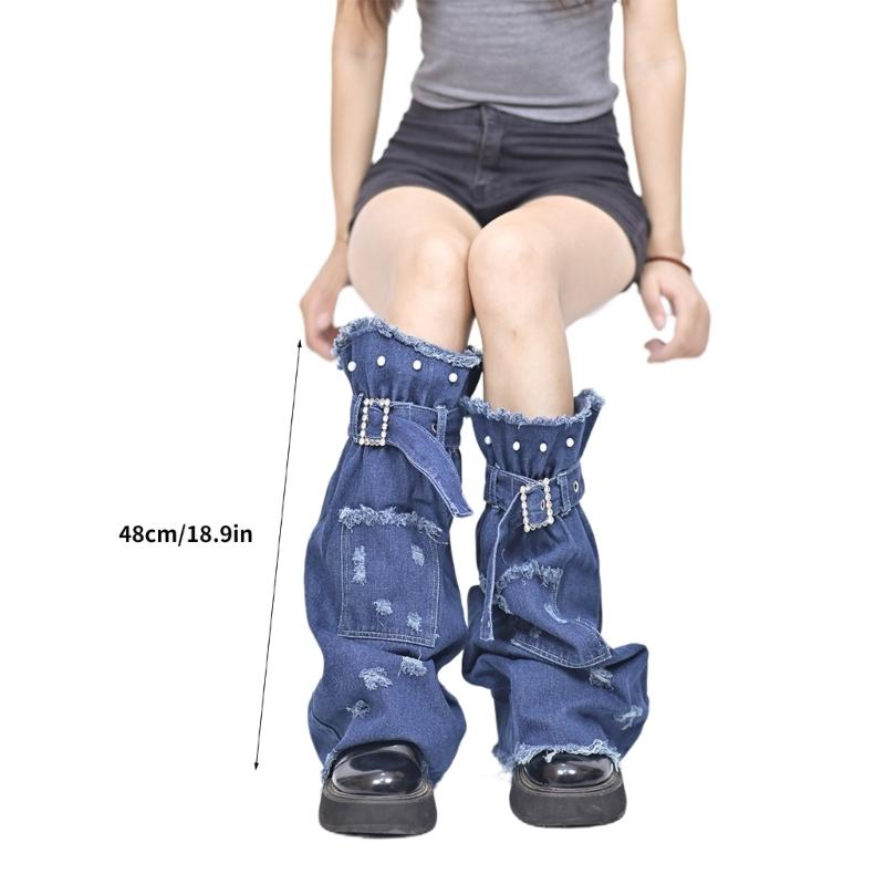 Women Distressed Jeans Leg Warmer with Buckled Strap Punk Flared Long Socks Denims Leg Cover with Pocket Streetwear