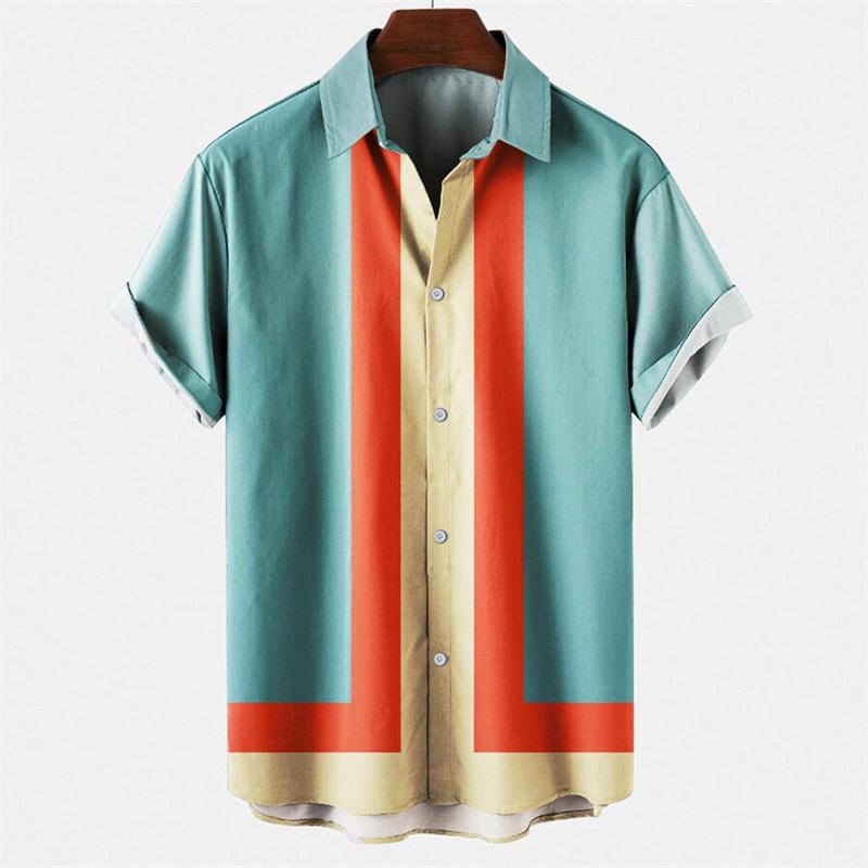 Herren Hawaii 3D Streifen Print Hemd Harajuku Sommer Mode Kurze Ärmel Lässig Strandurlaub Knopf Locker Aloha Hemden L blue
