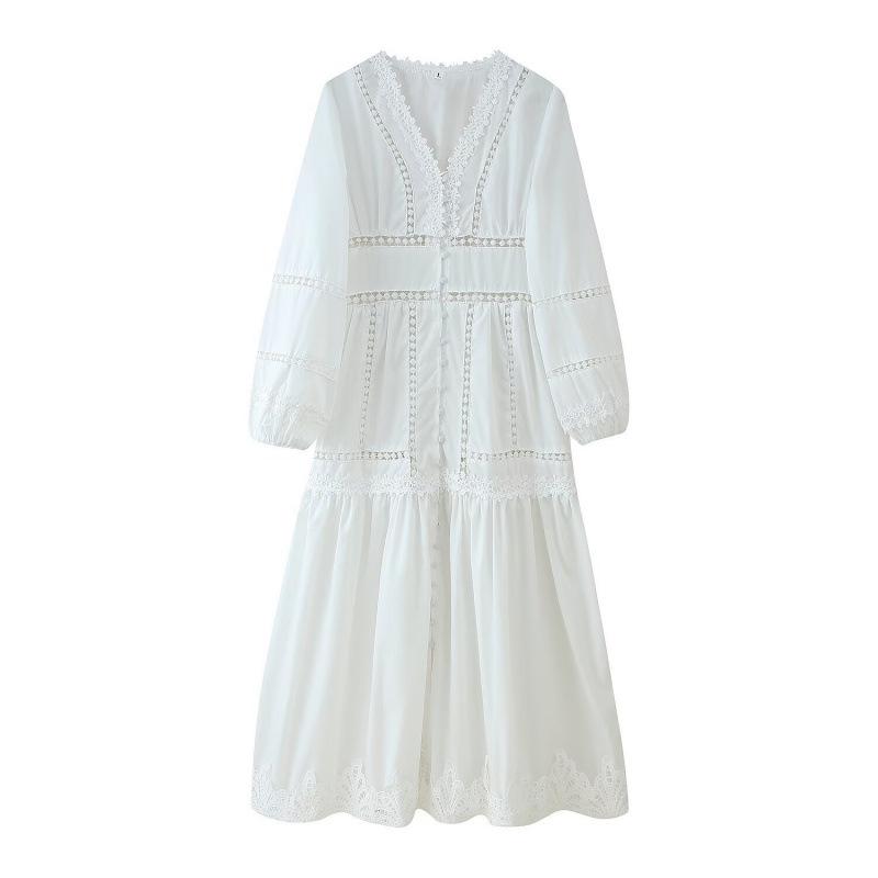 

Women s European American Lace Trim V-Neck Long Sleeve Dress Large білий