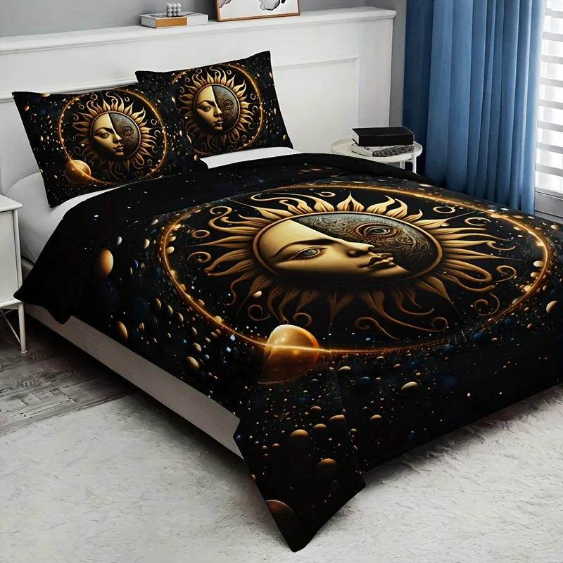 Moon Stars Celestial Sun Duvet Cover Set Golden Printed Bedding Set For Home Decor