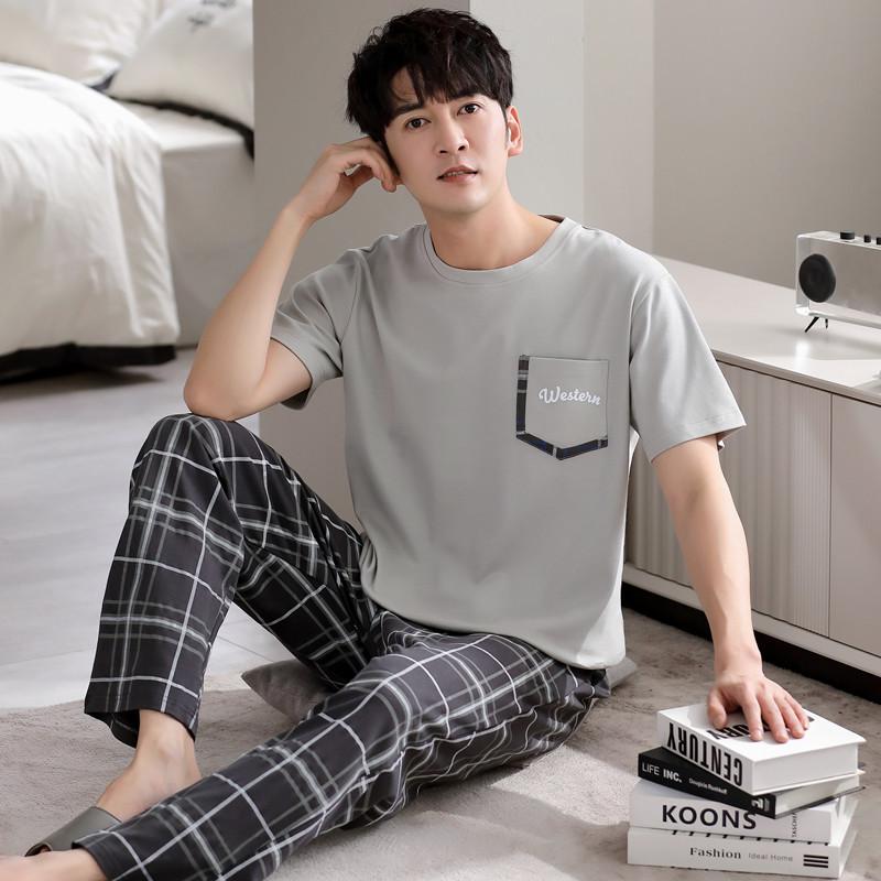Blue Color Men's Cotton Pajamas Set for Summer Short Sleeves Sleeping Top Long Pant Nightwear Young Boy Home Clothes