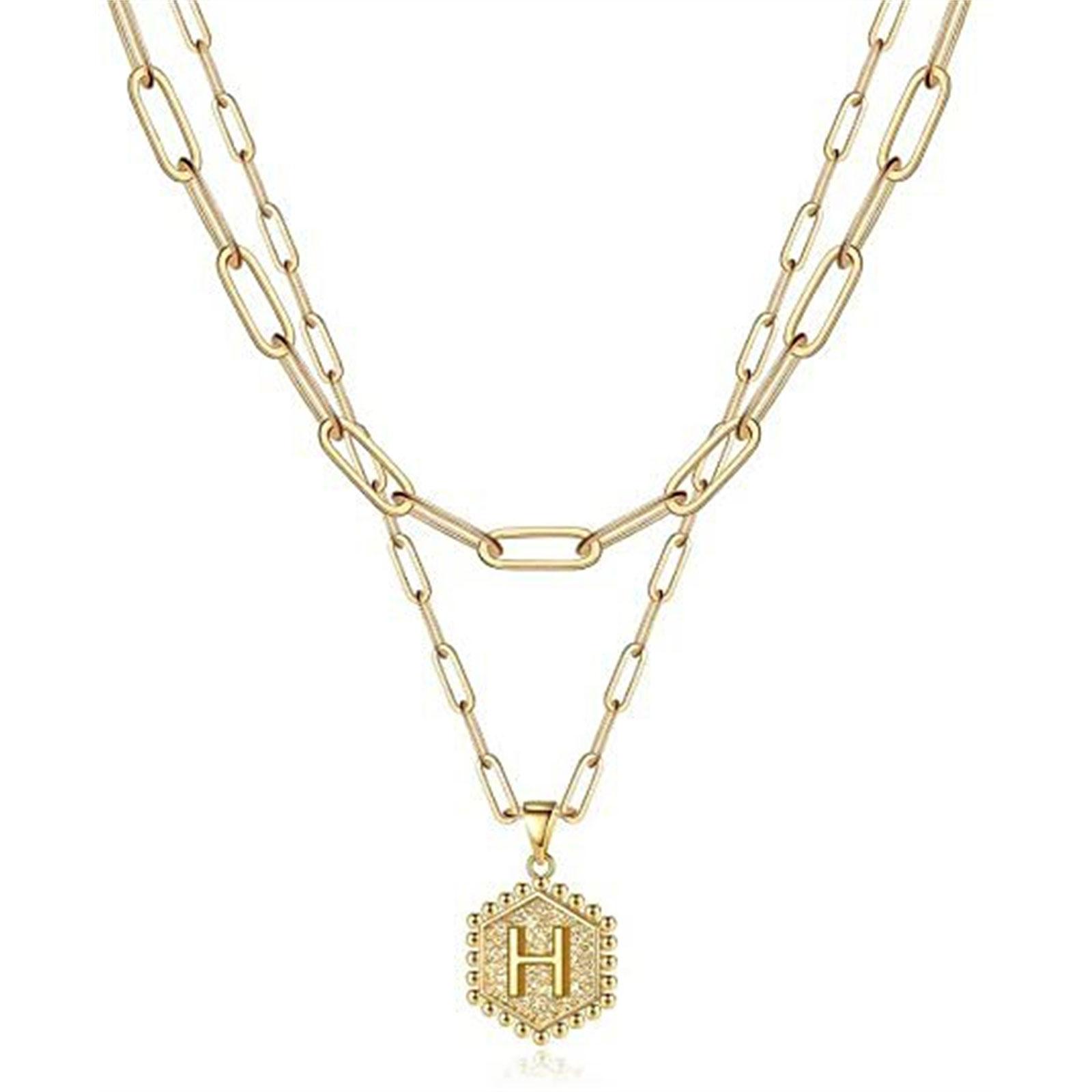 Gold Plated Paperclip Chain Necklace Layered Initial Necklaces Simple Hexagon Letter Pendant Choker Necklace Jewelry