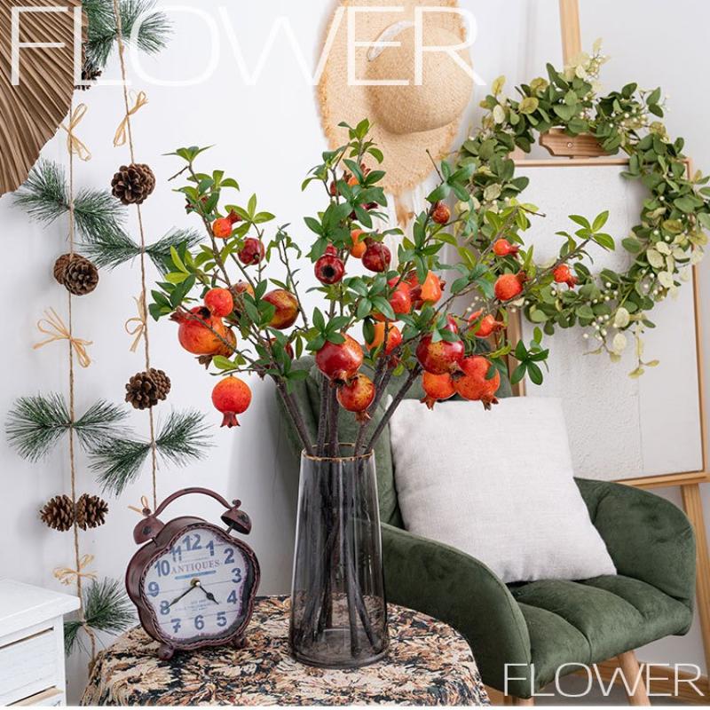 3pcs Artificial Pomegranate Stems with Leaves, Faux Fruit Branches for Rustic Home Decor, Fall Centerpieces, Wedding & Holiday Arrangements,73cm