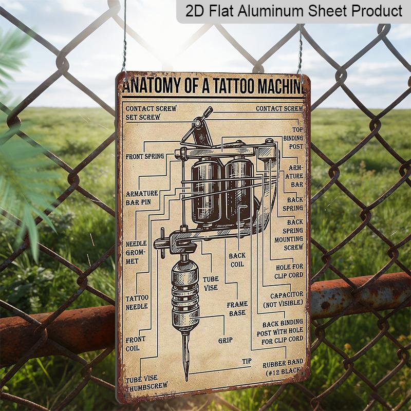 2D Flat Vintage Tattoo Machine Diagram Metal Sign - 7.87X11.8inch Aluminum Wall Art for Home, Bar, Cafe, Garden Decor - Ideal for Holiday Parties