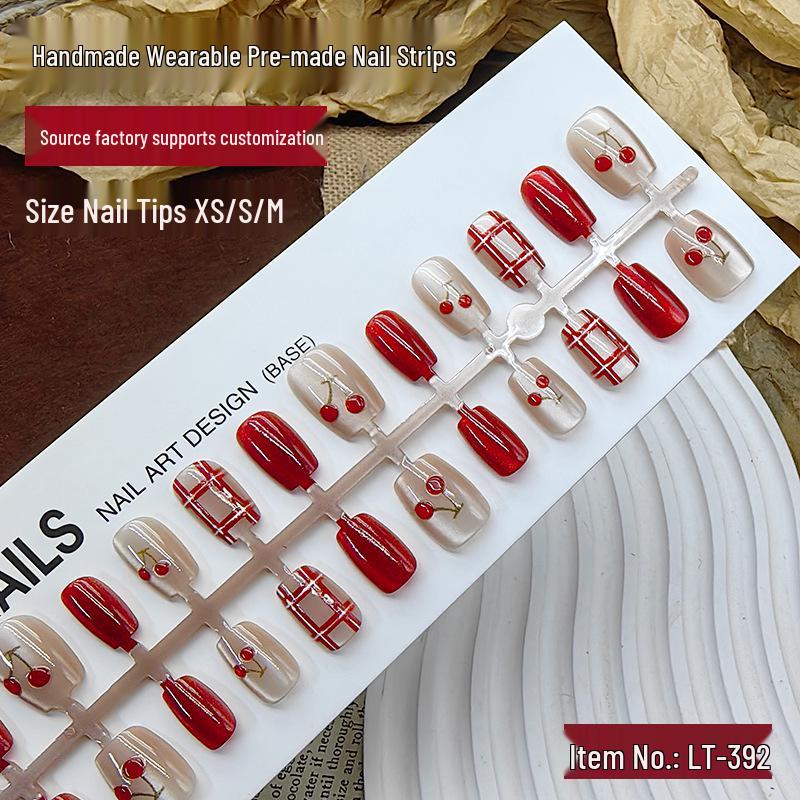 3D вишня, ручная работа, носимые, готовые французские типсы для ногтей  Кошачий глаз  - 30 штук, высококачественные новогодние наклейки для коротких ногтей