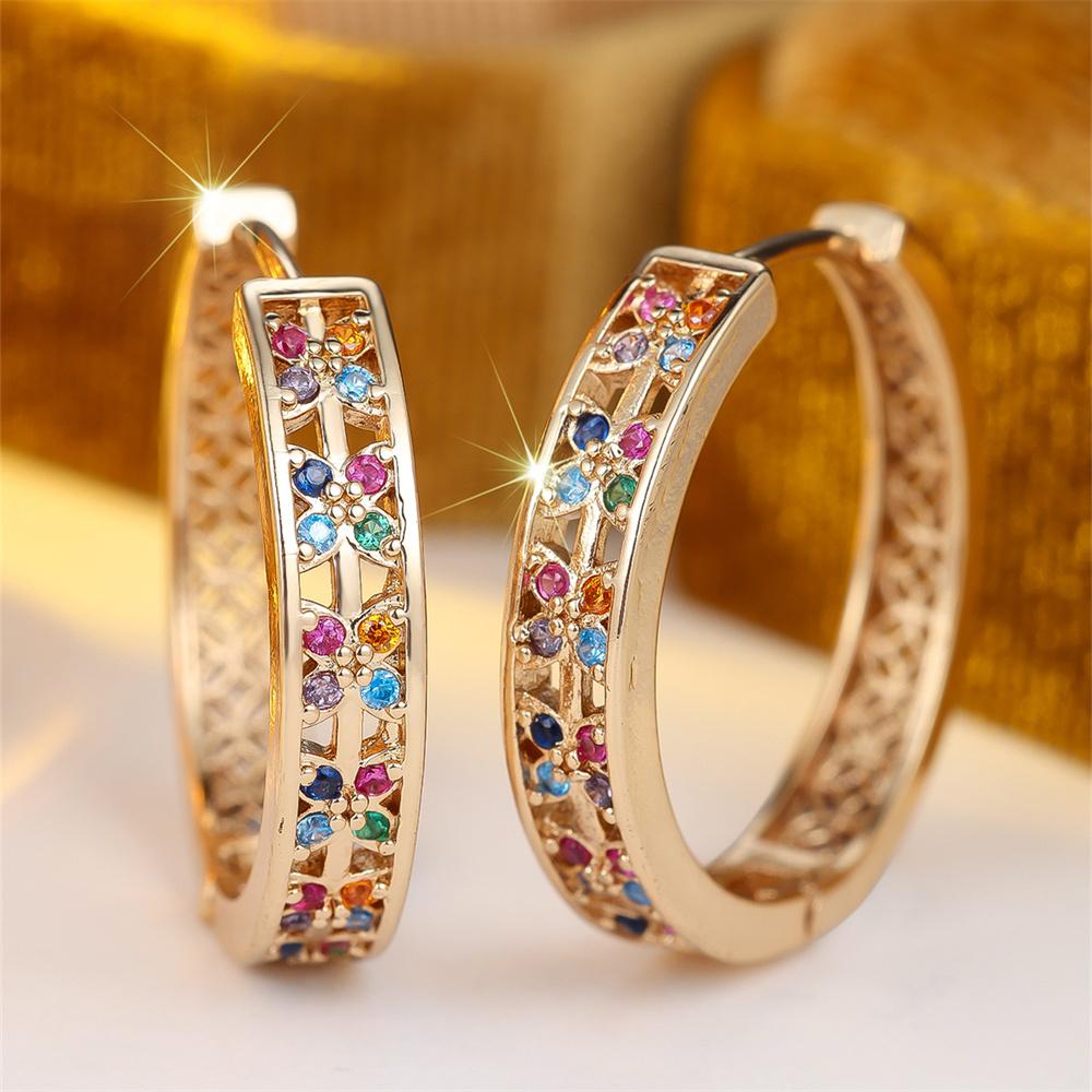 Multicolor Zircon Small Flower Round Stone Hoop Earrings For Women Vintage Gold Color Engagement Ear Buckle Wedding Jewelry Gift