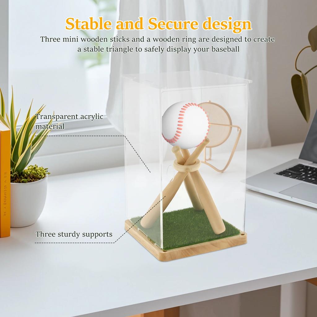 Baseball Display Box Acrylic Cube Baseball Stand with Wood Stand and Simulation Turf Multipurpose Storage Box Tabletop Decor