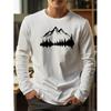 Men's 100% Polyester Loose Fit Comfortable Casual Sports Mountain Reflection Pattern Printed Round Neck Long Sleeved T-shirt