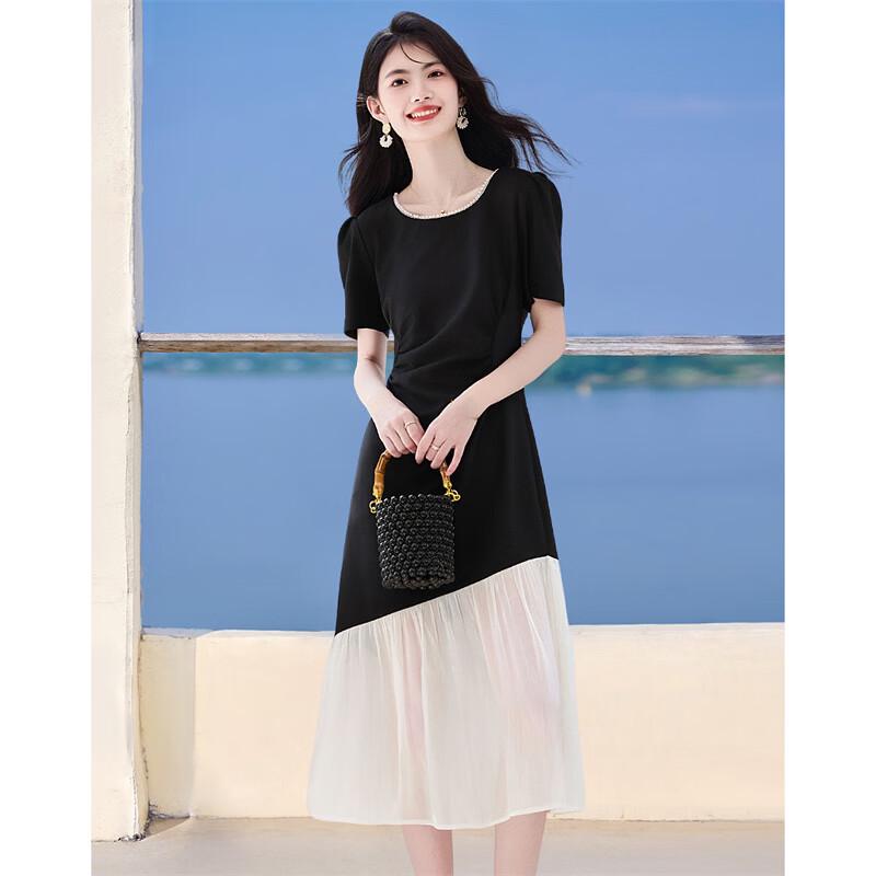 Elegant Beaded Round Neck Little Black Dress L