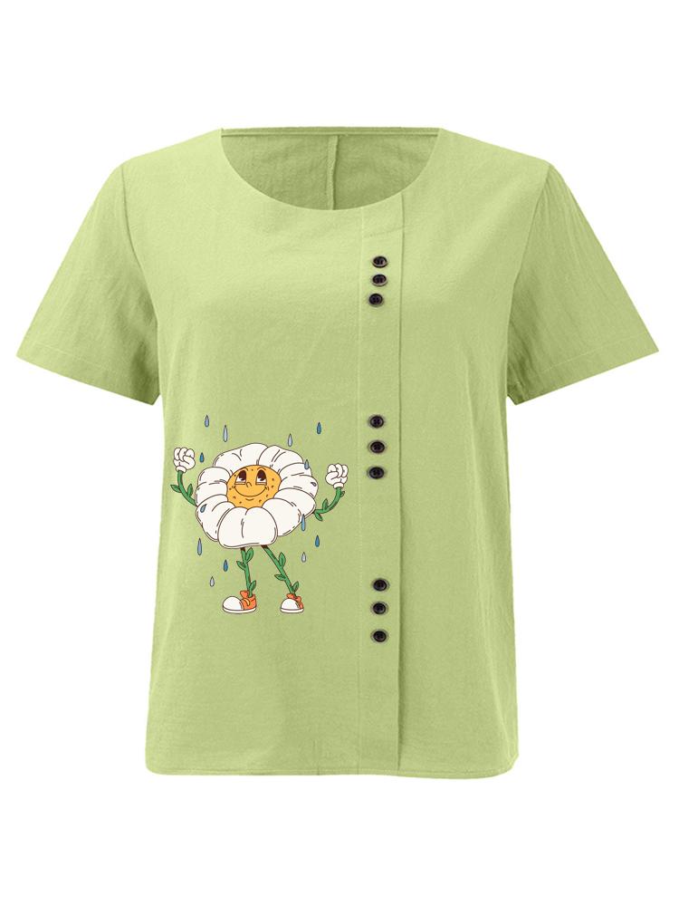 

Women s Fashion Humanoid Flower Print Round Neck Short Sleeve T-shirt Casual Cotton Linen Graphic Shirt Leisure Loose Summer Blouse Tops 5XL зелений