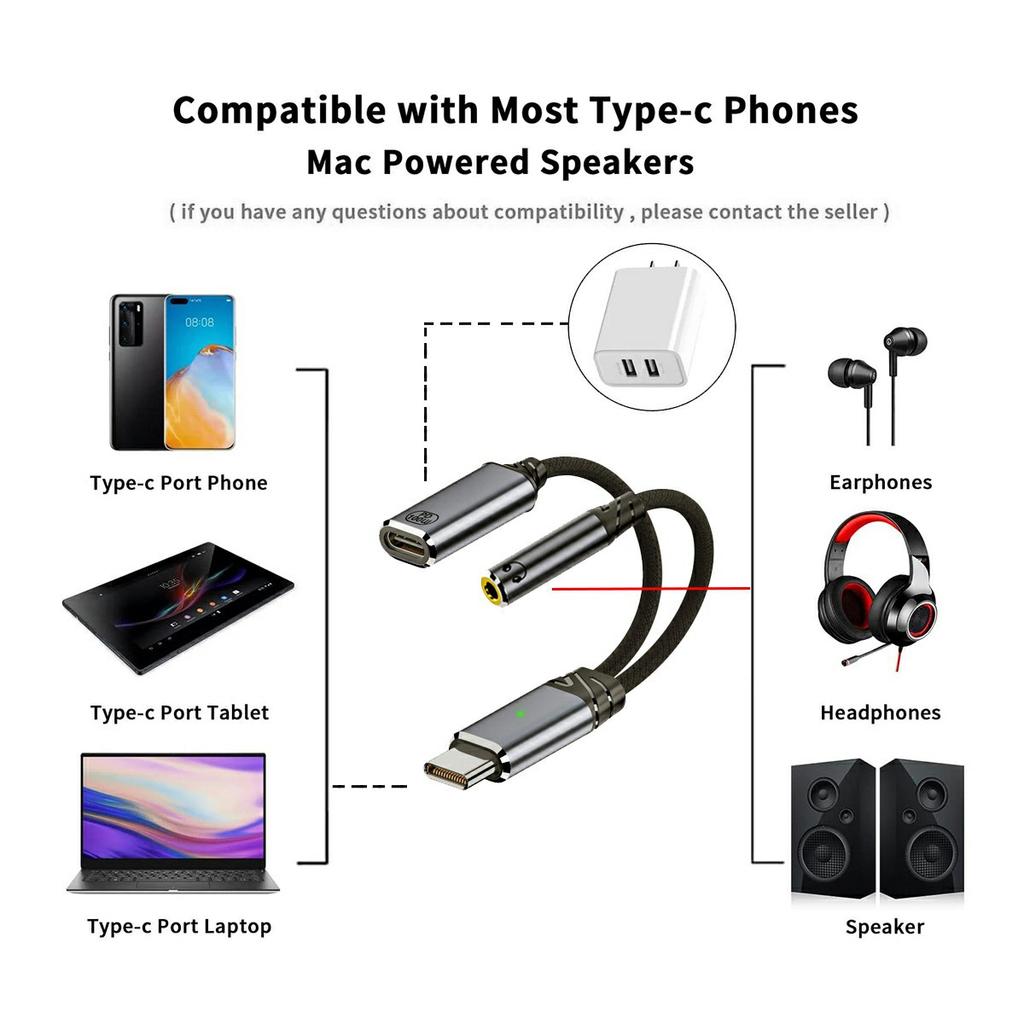 UC-030-TC002 USB-C to 3.5mm Audio Adapter + 100W PD Charging Cable for Laptops/Tablets/Phones