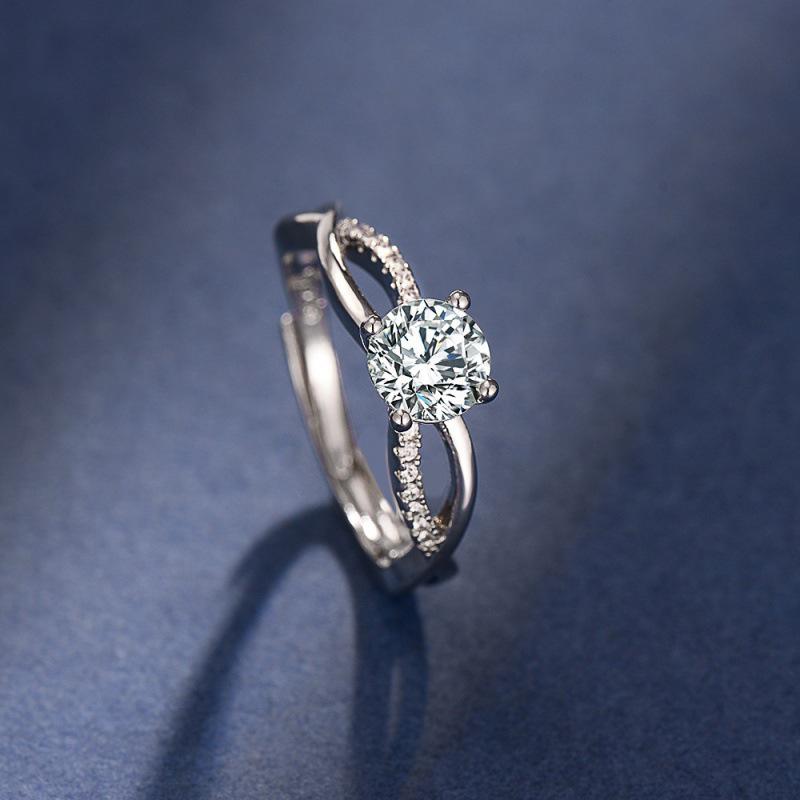 1 Carat Moissanite Eight Hearts & Arrows PT950-Plated Open Wedding Ring for Women Adjustable Open Band