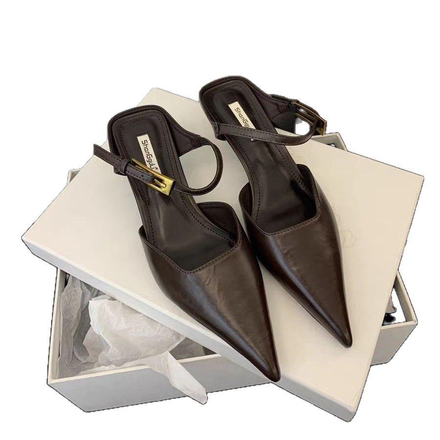 2025 spring and summer sandals soft leather pointed head low heel women's shoes cat heel shoes muller shoes outer wear bag head half drag women's co