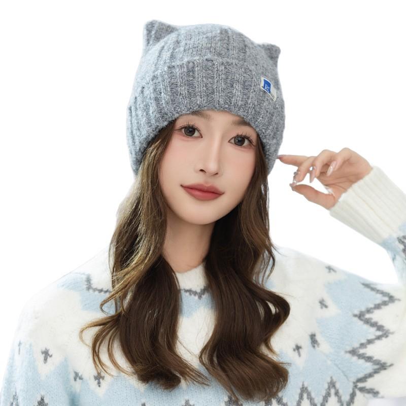 Korean Version of Versatile Cat Ears Plus Velvet Hat for Women's Autumn and Winter Casual Windproof Pullover Hat Outdoor Warm Hat