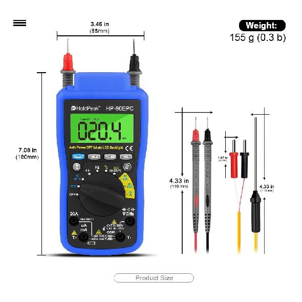 Professional Digital Multimeter True RMS NCV 20A Current AC DC Voltmeter Capacitance Resistance Tester HoldPeak HP-90EPC