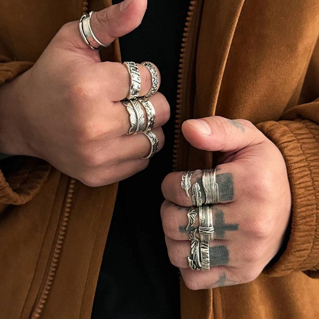 Ingemark Set da 12 Pezzi Anelli Punk Aperti con Piume per Uomo Hip Hop Geometria Ali di Pipistrello Colore Argento Anello per Falange Regolabile Gioielli Maschili