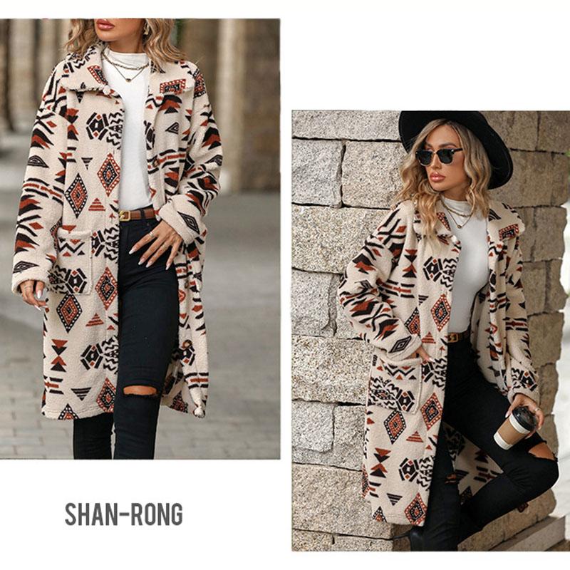 Autumn and Winter Printed Plush Coat Flip Collar Single Breasted Long Sleeved Jacket Women's Warm Comfortable Outerwear Retro Ethnic Style