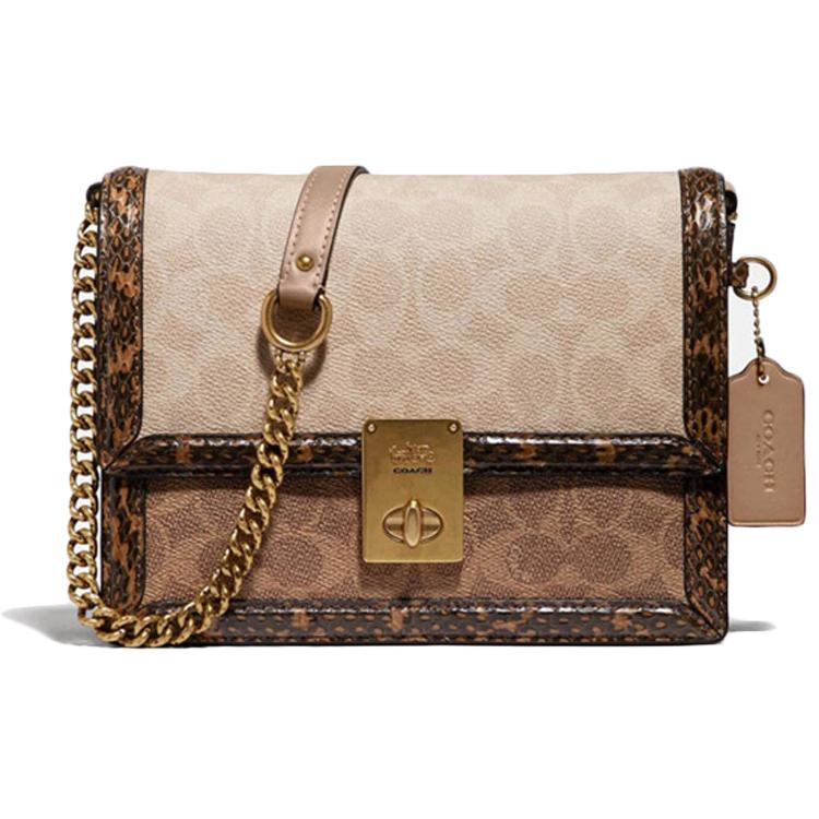 COACH Hutton Leather With Snake Skin With Coated Canvas Small Square Bag, Shoulder Bag, Crossbody Bag Women's Brown 89068-B4PVR