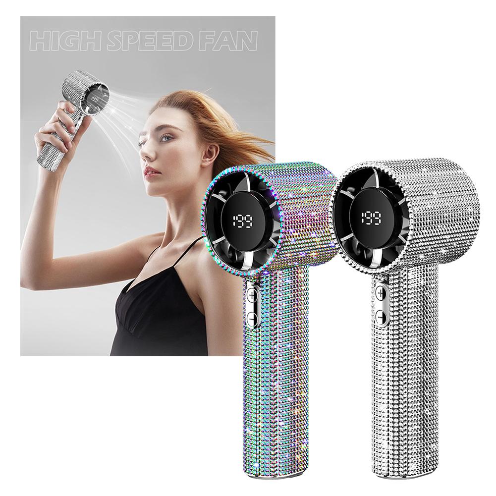 Full Diamond Luxury Craftsmanship Portable Handheld Turbo Fan 3 Gear Wind Long Battery Life With Digital Display