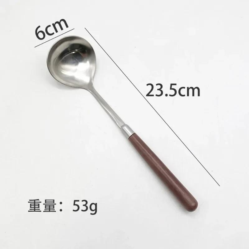 Kitchen Dinner Dish Rice Shovel  Handle Stainless Steel Soup Spoon for Household Use Porridge Soup Restaurant Wooden Tableware