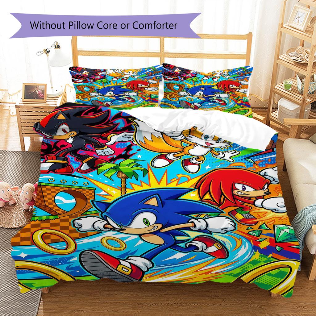 Blue Hedgehog Cartoon Pattern Bedding Set Quilt Cover Pillowcase Home Decor Gift (1 * Duvet Cover + 2 * Pillowcase, Without Core)