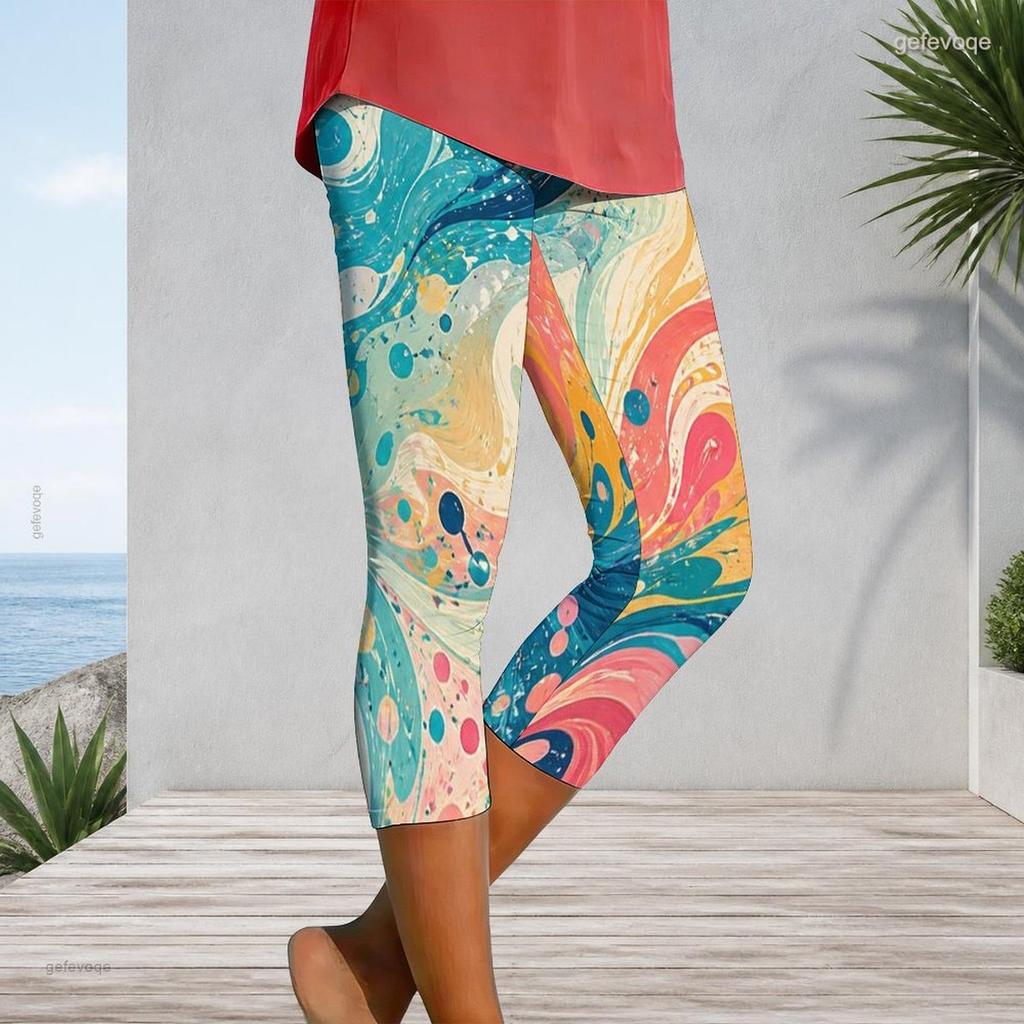 Women Plus Size Capri Length Leggings Abstract Pink Purple Gradient Sunset Print High Waist Stretchy Yoga Pants For Casual Workout Daily Wear